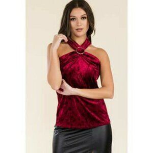 NWT PERCEPTION CONCEPT BURGUNDY VELVET CROSSNECK HALTER TOP SZ XL